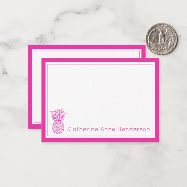 Preppy Tropical Pink Pineapple Personalized Note Card (Front/Back In Situ)