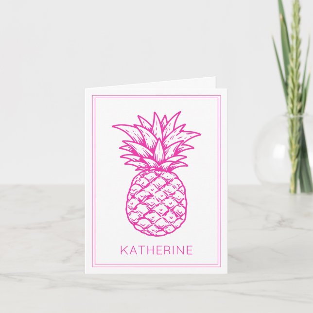 Preppy Tropical Pink Pineapple Personalized Note Card (Front)