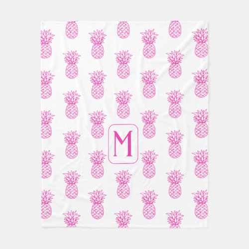 Preppy Tropical Pink Pineapples Monogram Fleece Blanket
