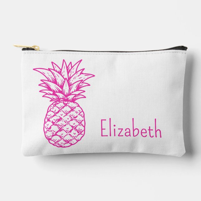 Preppy Tropical Pink Pineapples Personalized Accessory Pouch (Front)