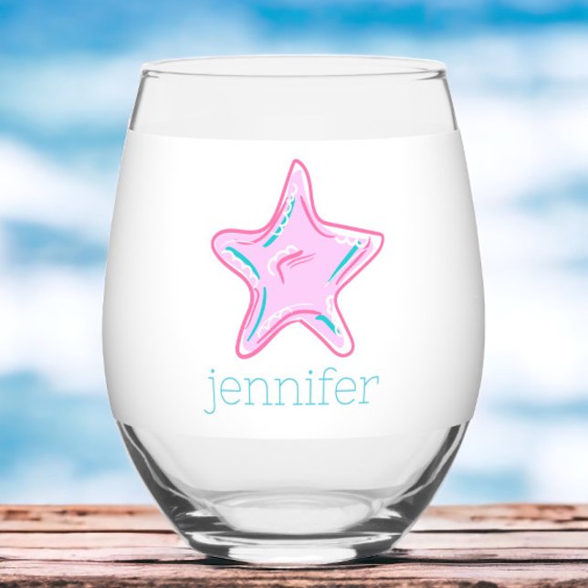Preppy Tropical Pink Starfish Personalized  Stemless Wine Glass (Creator Uploaded)