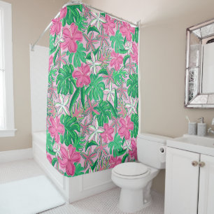 Preppy Tropical Pink White Flowers & Palm Leaves Shower Curtain