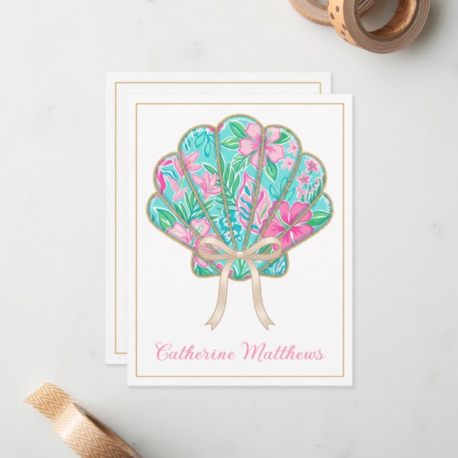 Preppy Tropical Seashell Personalized Note Card (Front/Back In Situ)