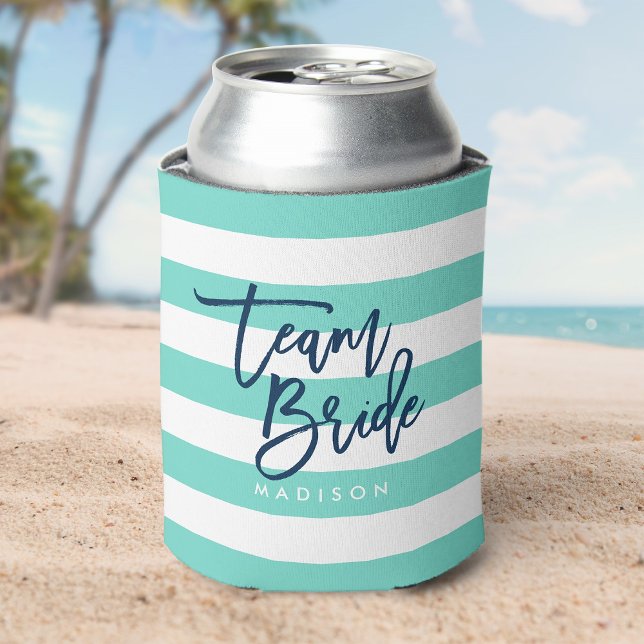 Preppy Turquoise and White Stripes Blue Team Bride Can Cooler (Creator Uploaded)