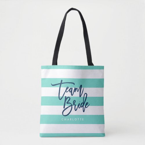 Preppy Turquoise and White Stripes Blue Team Bride Tote Bag