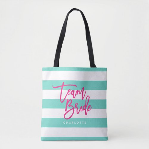 Preppy Turquoise and White Stripes Pink Team Bride Tote Bag