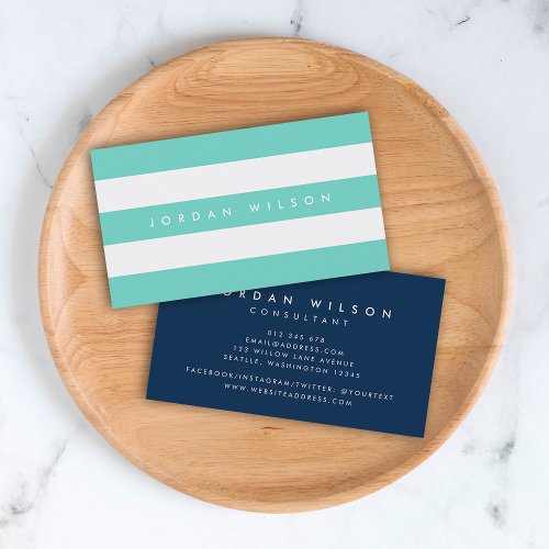 Preppy Turquoise and White Stripes with Blue Business Card