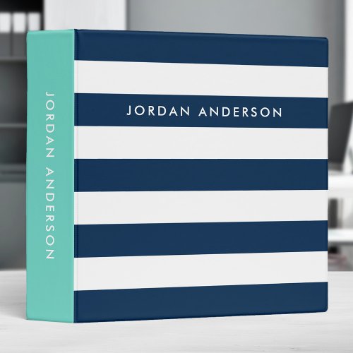 Preppy Turquoise and White Stripes with Blue Side 3 Ring Binder
