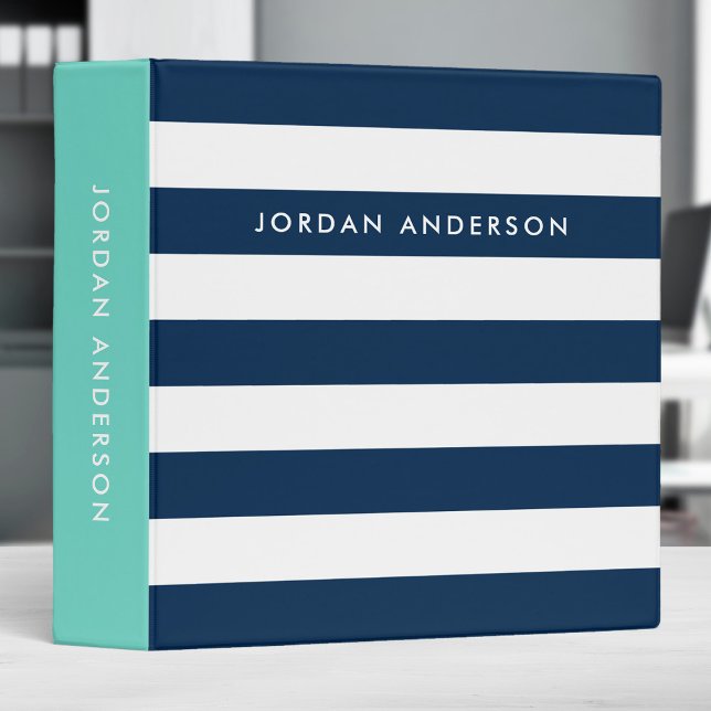 Preppy Turquoise and White Stripes with Blue Side 3 Ring Binder (Creator Uploaded)