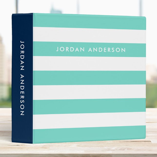 Preppy Turquoise and White Stripes with Blue Side 3 Ring Binder (Creator Uploaded)