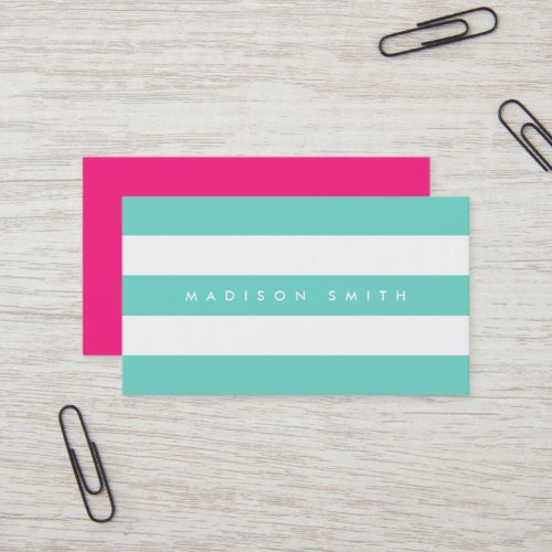 Preppy Turquoise and White Stripes with Pink Business Card