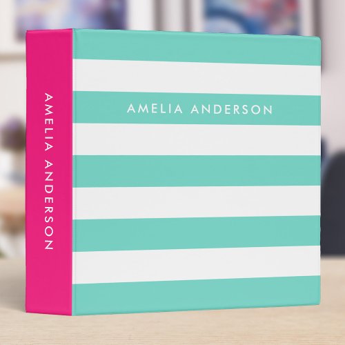 Preppy Turquoise and White Stripes with Pink Side 3 Ring Binder