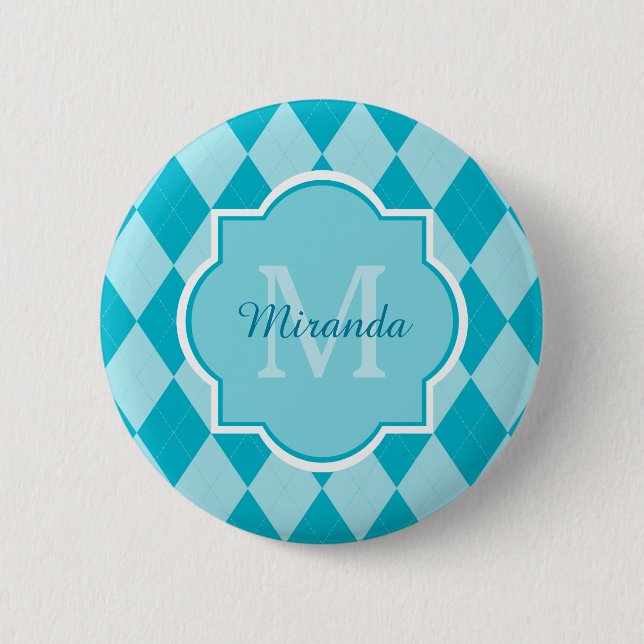 Preppy Turquoise Argyle Girly Monogram and Name Button (Front)