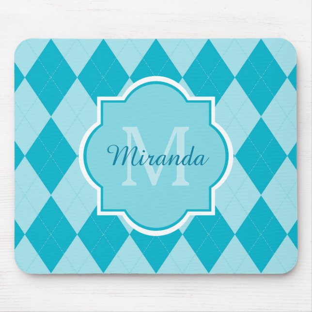 Preppy Turquoise Argyle Girly Monogram and Name Mouse Pad (Front)