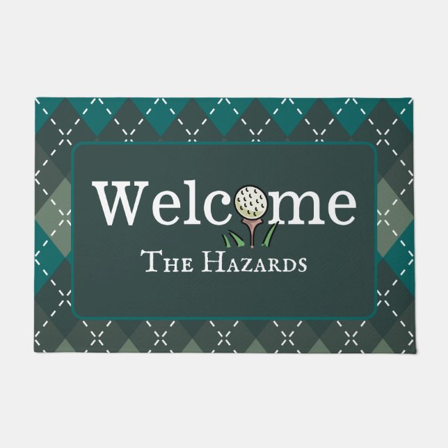 Preppy Turquoise Gray Argyle Golf Welcome Entry Doormat (Front)