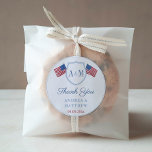 Preppy USA Flag Monogram Wedding Favor Thank You Classic Round Sticker<br><div class="desc">Thank you stickers for any event (shown here for a Wedding but all of the text fields are customizable). The design features a simple couples crest flanked by a hand painted USA flag on each side.</div>