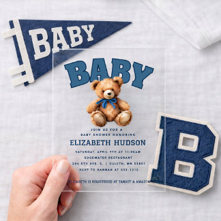 Preppy Varsity Teddy Bear Baby Shower Acrylic Invitations