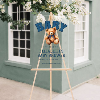 Preppy Varsity Teddy Bear Baby Shower Acrylic Sign