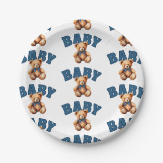 Preppy Varsity Teddy Bear Baby Shower Paper Plates