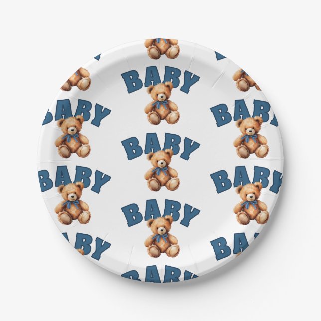 Preppy Varsity Teddy Bear Baby Shower Paper Plates (Front)
