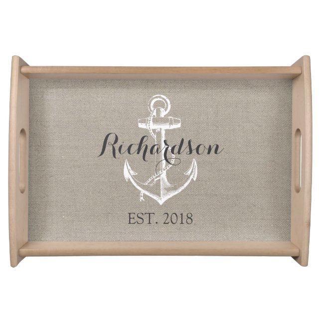 Preppy Vintage Anchor Wedding Monogram Serving Tray (Front)