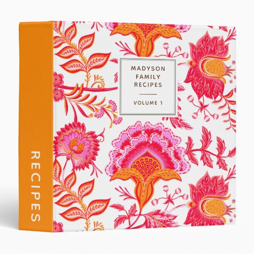 Preppy Vintage Flowers  Pink  Orange Cookbook 3 Ring Binder