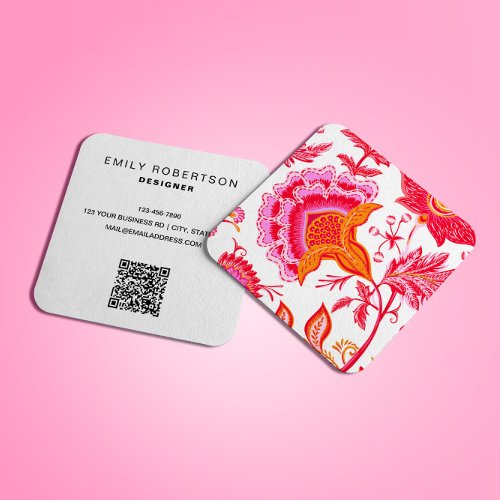 Preppy Vintage Flowers  Pink Orange White Square Business Card