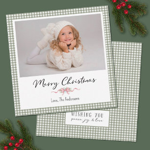 Preppy vintage Pink Bow Christmas Photo Card