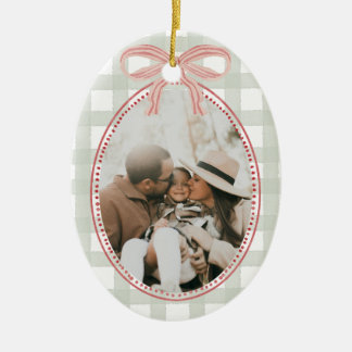 Preppy Vintage Pink Bow Family Photo Christmas Ceramic Ornament