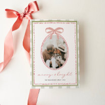 Preppy Vintage Pink Bow Family Photo Christmas Holiday Card