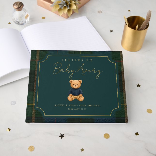 Preppy Vintage Teddy Bear Baby Shower Guest Book (Front Open)