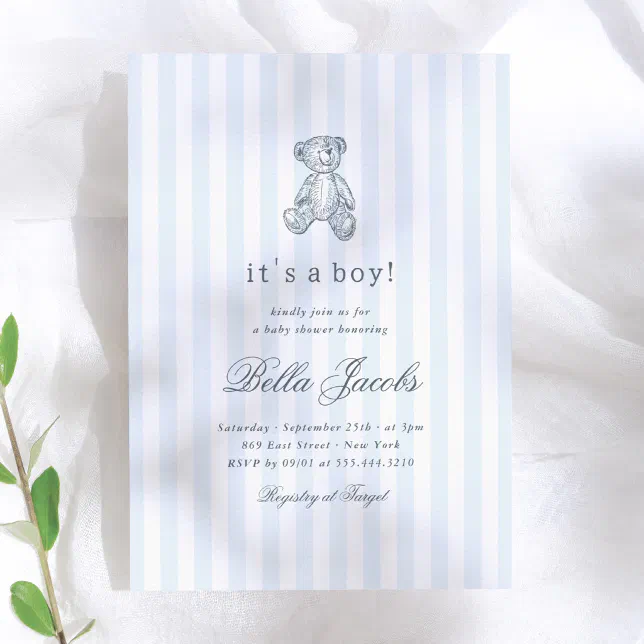 Preppy Vintage Teddy Bear Boy Baby Shower Invitation | Zazzle