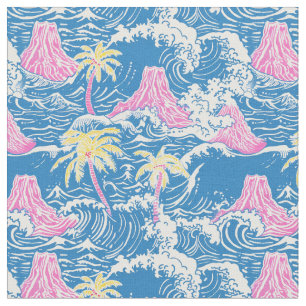 Preppy Volcanoes In Middle Of Ocean Fabric