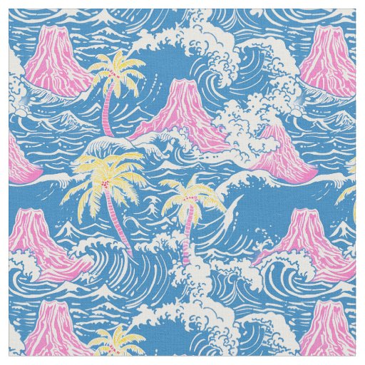 Preppy Volcanoes In Middle Of Ocean Fabric