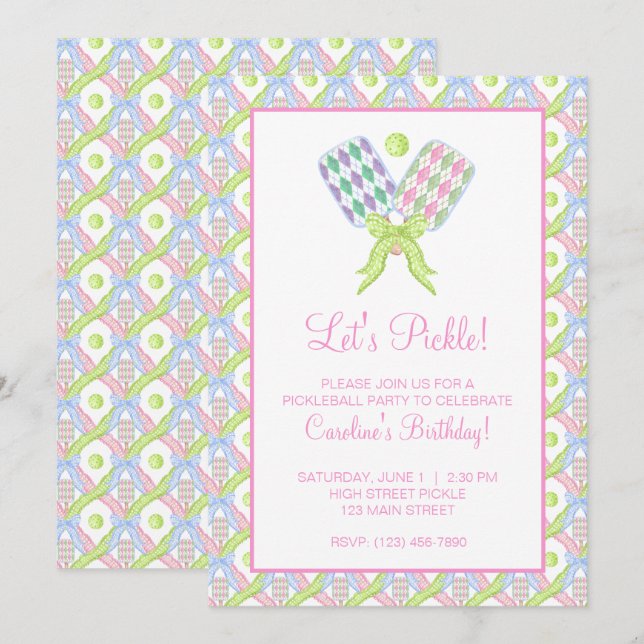 Preppy Watercolor Argyle Pickleball Paddles Invitation (Front/Back)