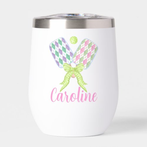 Preppy Watercolor Argyle Pickleball Paddles Thermal Wine Tumbler