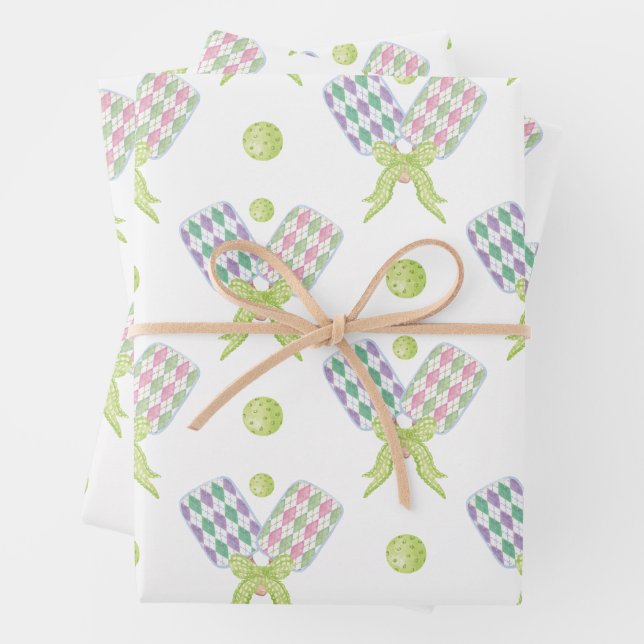 Preppy Watercolor Argyle Pickleball Paddles Wrapping Paper Sheets (In situ)