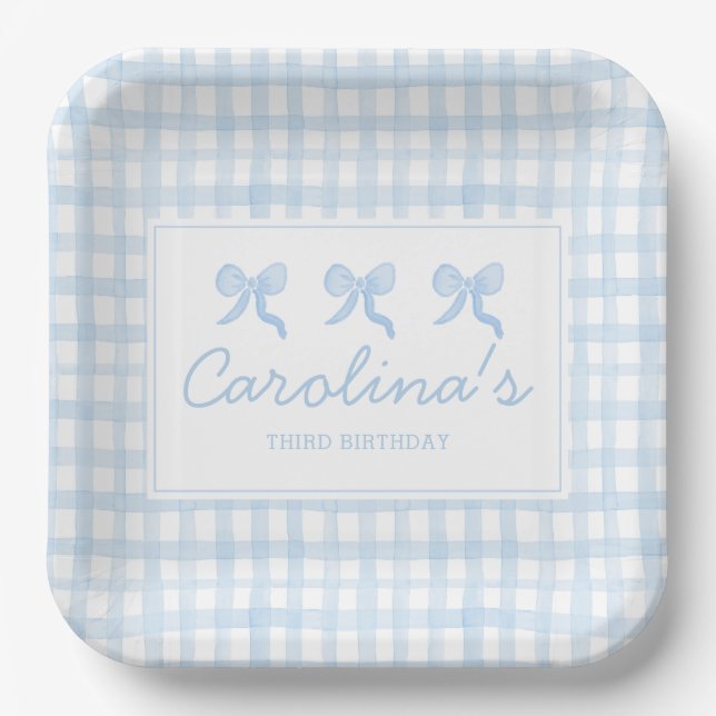 Preppy Watercolor Blue Gingham Personalized Paper Plates (Front)