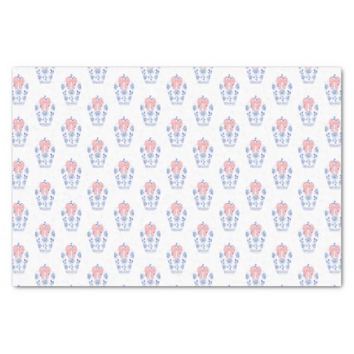 Preppy Watercolor Blue White China Vase Pink Bow Tissue Paper