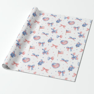 Preppy Watercolor Bows 4th Of July Pattern Wrapping Paper