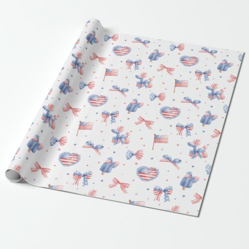 Preppy Watercolor Bows 4th Of July Pattern Wrapping Paper