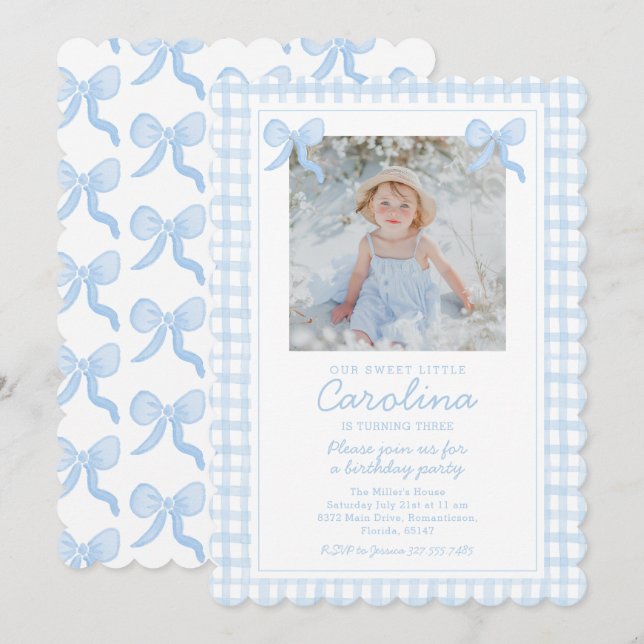 Preppy Watercolor Bows Gingham Custom Photo Invitation (Front/Back)