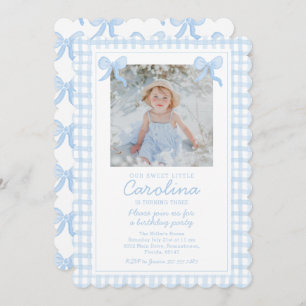 Preppy Watercolor Bows Gingham Custom Photo Invitation