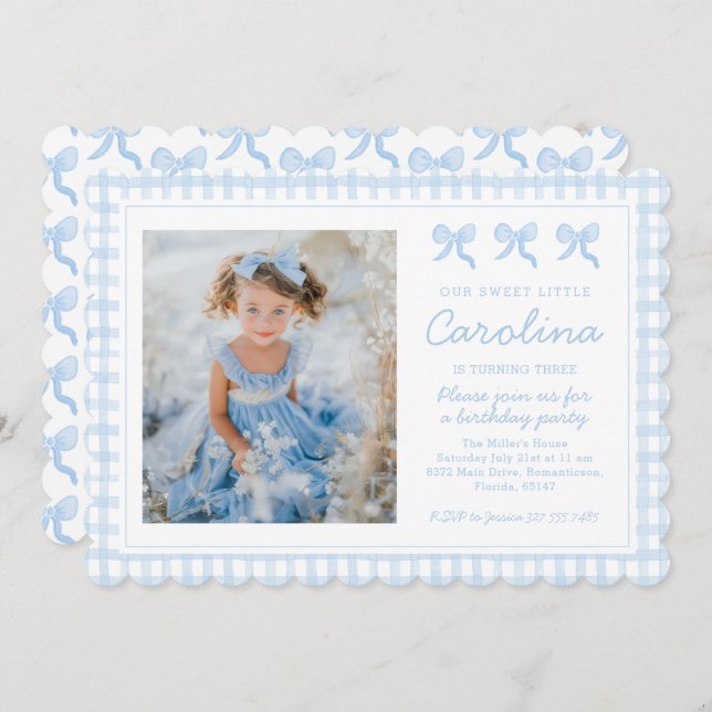Preppy Watercolor Bows Gingham Custom Photo Invitation (Front/Back)