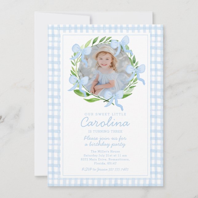Preppy Watercolor Bows Gingham Custom Photo Invitation (Front)