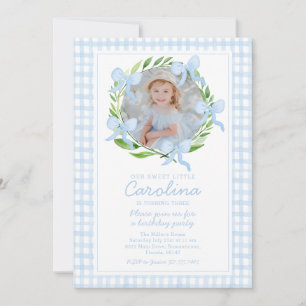 Preppy Watercolor Bows Gingham Custom Photo Invitation