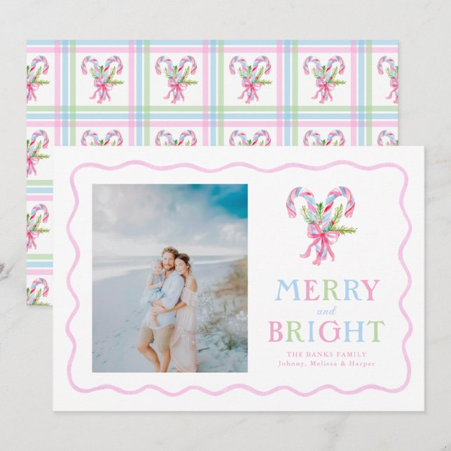Preppy Watercolor Candy Canes Wavy Frame  Holiday Card (Front/Back)