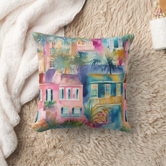 Preppy Watercolor Charleston Houses  Throw Pillow (Blanket)