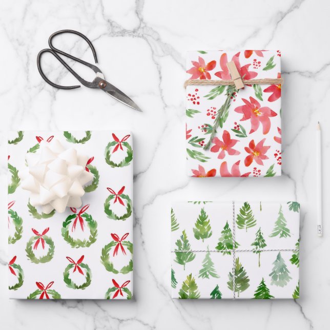 Preppy Watercolor Christmas Wrapping Paper Sheets (Front)