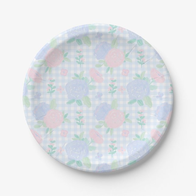 Preppy Watercolor Floral Gingham Birthday  Paper Plates (Front)